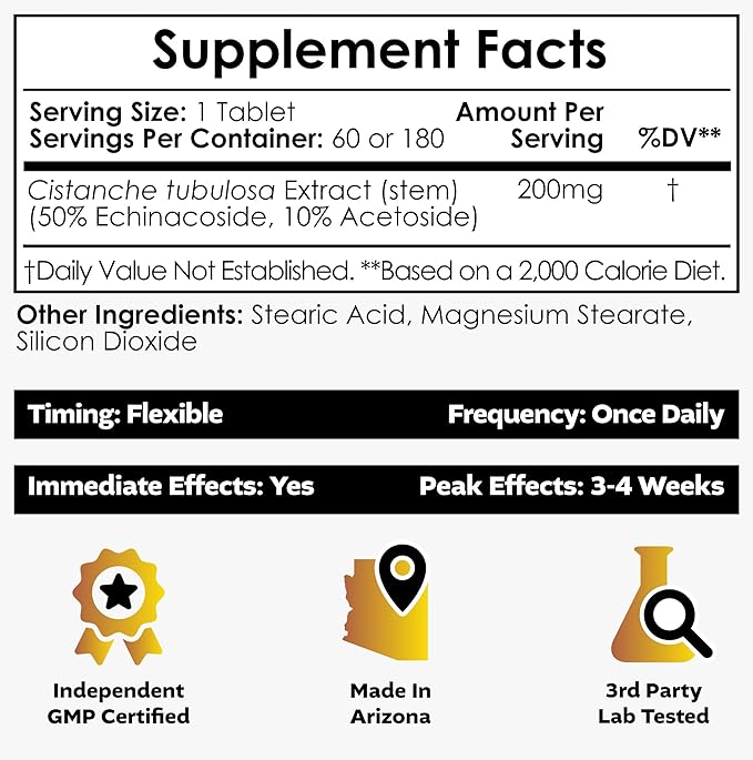 Nootropics Depot Cistanche tubulosa Tablets | 200mg | 180 Count | Minimum 50% Echinacoside + 10% Acetoside (Verbascoside) | Promotes Physical Strength and Energy | Promotes Vitality