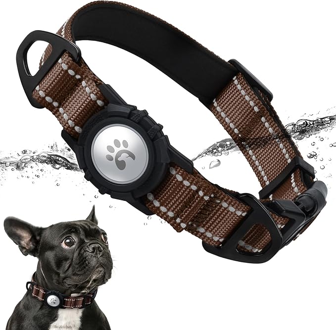 TagME Airtag Dog Collar,Waterproof Reflective Pet Collar with Airtag Holder,Soft Padded and Double D-Rings for Small Dogs,Brown
