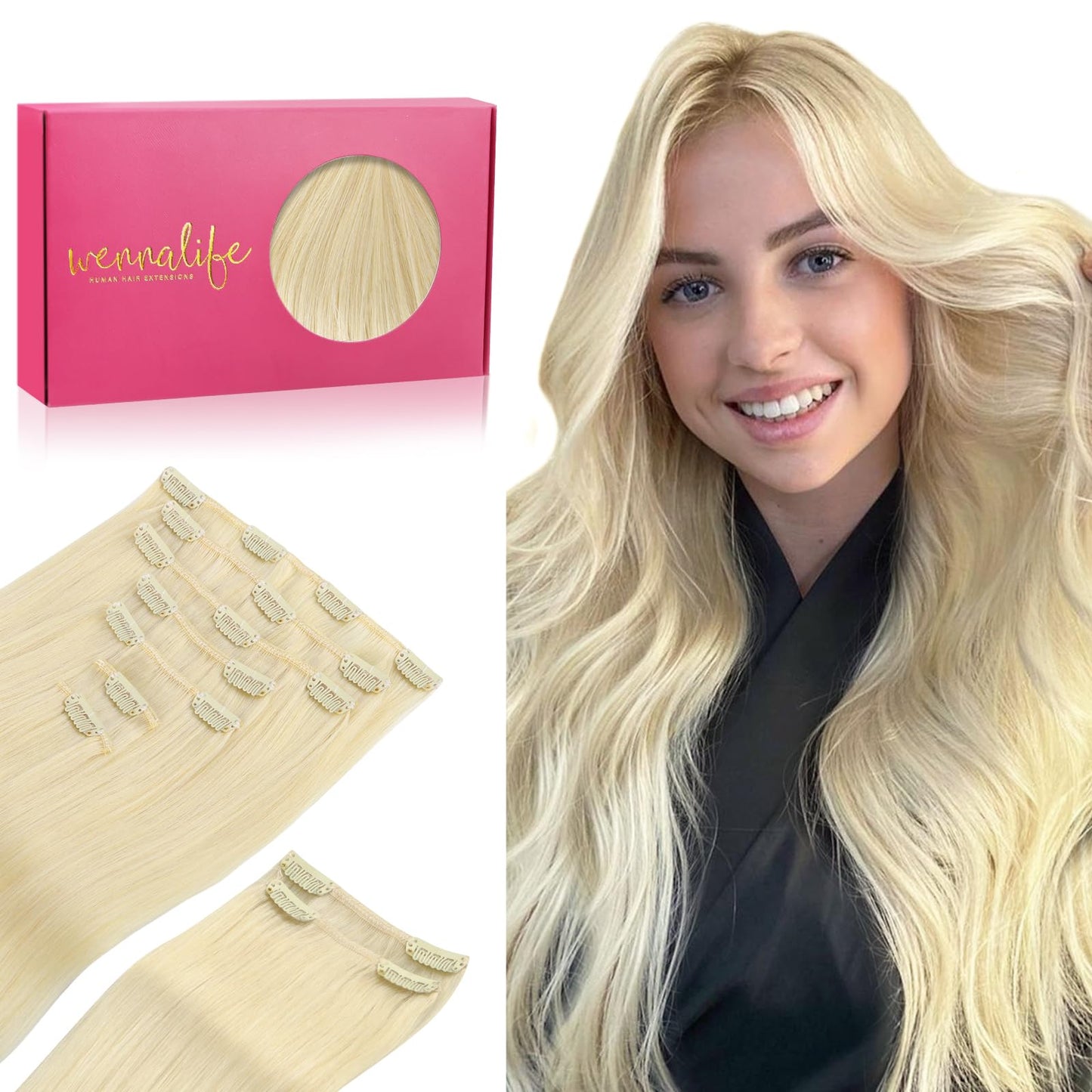 Wennalife Clip In Hair Extensions, 150G 16 Inch 9Pcs Bleach Blonde Human Hair Extensions Thicker Clip In Hair Extensions Real Hu
