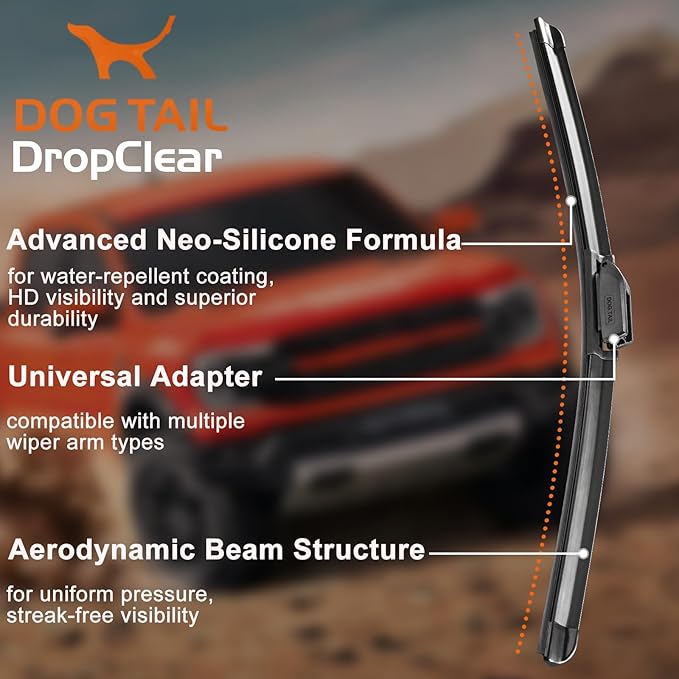 DOG TAIL Water Repellent Silicone Wiper Blades 24" 21" Set with Multiple Adapters and 2 Refills, Automotive Replacement Front Windshield Wiper Blades for My Car with Water Repellency Formula DropClear