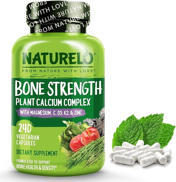 NATURELO Calcium Supplement - with Vitamin C, Vitamin D3, K2, and Calcium Magnesium Zinc for Bone Strength with Calcium 600mg - Plant-Based, 240 Vegetarian Capsules, Non-GMO, Soy & Gluten-Free