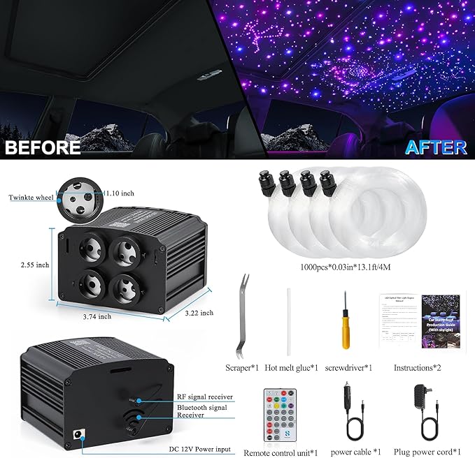 4 Colors 32W Twinkle Starlight Headliner Kit for Car Home with APP&RF Remote,RGBW 1000pcs*0.03in*13.1ft Cables Fiber Optic Star Sky Roof Lights,4 Port Engine Sound Activated Car Ceiling Star Lights