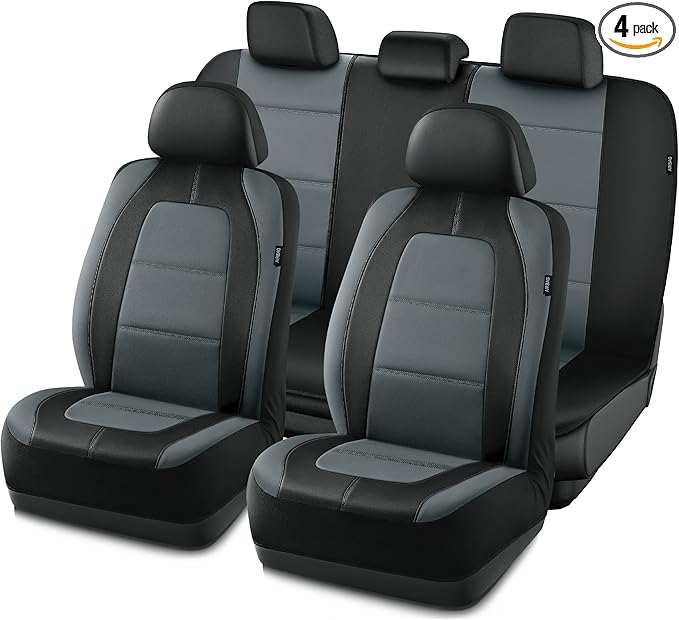Road Comforts Car Seat Cover, Leather Car Seat Cover Full Set, Automotive Seat Covers, Airbag Compatible Universal Fit for Most Cars (Gray)
