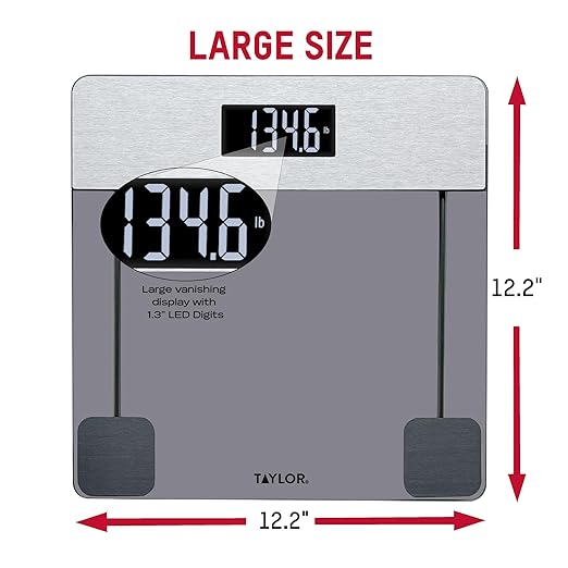 Taylor Digital Glass Bathroom Scale, Scale for Body Weight, Digital Weighing Machine for People, Tinted Glass and Brushed Stainless Steel Accents, 440 lb Capacity, Vanishing LED, Tinted, Clear