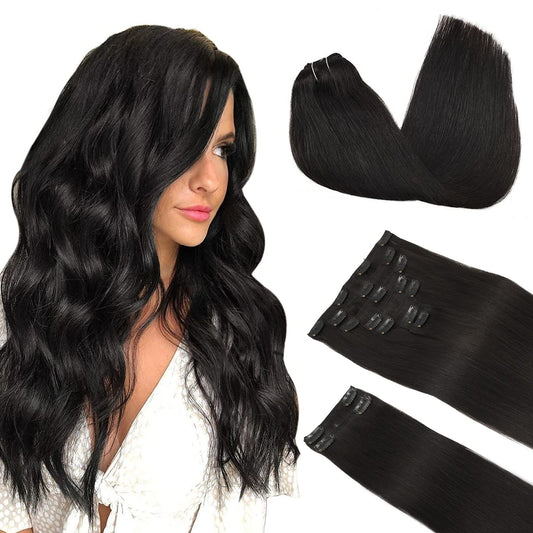 Doores Human Hair Extensions Clip In, Natural Black 150G 9Pcs 24 Inch, Clip In Extensions Human Hair Natural Remy Hair Extension
