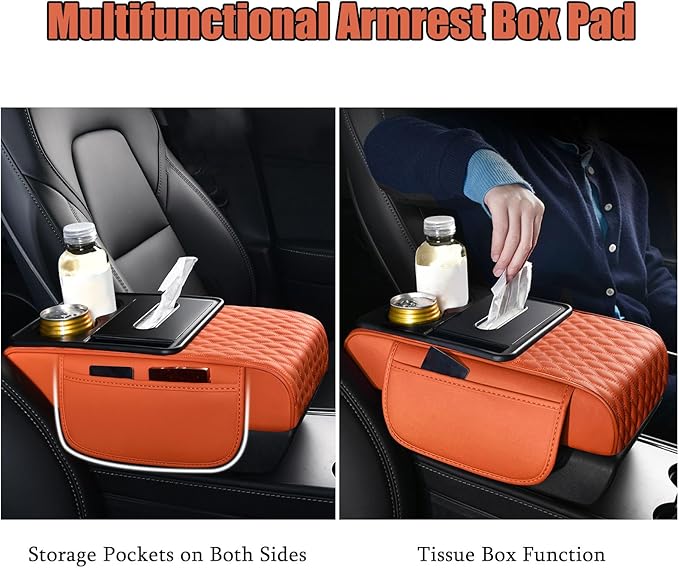 Car Armrest Center Console Cover for Cadillac Escalade 1999–2025, Center Console Pad with Cup Holder, Multifunctional Armrest Cushion,B Black