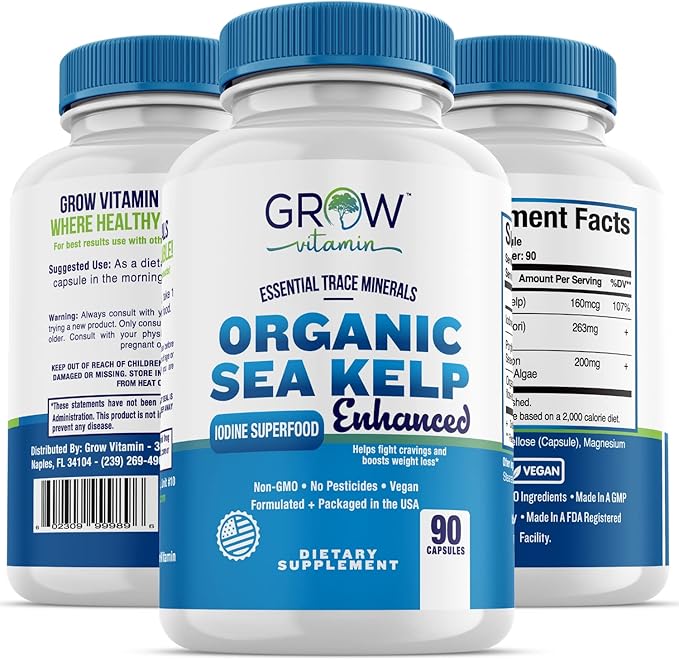 Organic Sea Kelp (Icelandic) Enhanced - Pure Healthy Thyroid Support Natural Iodine Supplement w/Organic Sea Kelp, Blue-Green Algae & Red Algae - Immune System & Metabolism Support - 90 Capsules