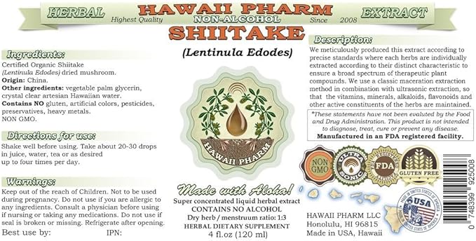 Shiitake Alcohol-Free Liquid Extract, Organic Shiitake (Lentinula Edodes) Dried Mushroom Glycerite Natural Herbal Supplement, Hawaii Pharm, USA 4 fl.oz