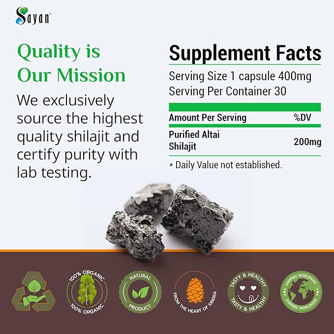 Sayan 100% Pure Shilajit Tablets, 24,000mg High-Potency Supplement, More Effective Than Resin & Capsules, 85+ Trace Minerals Sourced from 10,000ft Lab-Tested for Purity. 120 Tablets, 2-4 Month Supply