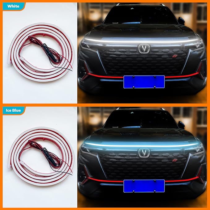 Car Under Hood LED Light Strip 70 Inch Waterproof Flexible Silicone Dynamic Scan Startup Effect Daytime Running Lights 12V Universal Fit for Cars Trucks SUVs Exterior Decoration Kit