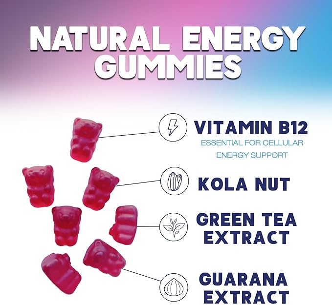 Energy Gummies Vitamin B12 1000 mcg, Green Tea Natural Caffeine Support, Extra Strength Daily Energy Vitamins, Delicious Berry Flavor Gluten Free Chewable Supplement for Cycling & Running - 120 Chews