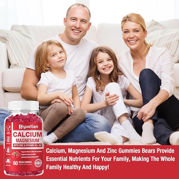 Calcium Magnesium Zinc Gummies with Vitamin D3 Supplement, Sugar Free Calcium Supplements for Women Men, Gluten-Free, Vegan Raspberry Flavor, 60 Count