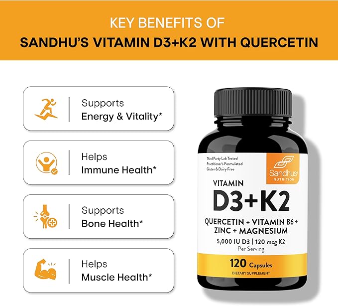 Vitamin D3 K2 5000 IU Capsules 120 Count | Magnesium, VIT B6, Zinc & Quercetin | 5000IU D3, 120 mcg K2 | Superior Absorption, Supports Natural Energy, Immune, Bone & Muscle Health | for Men & Women