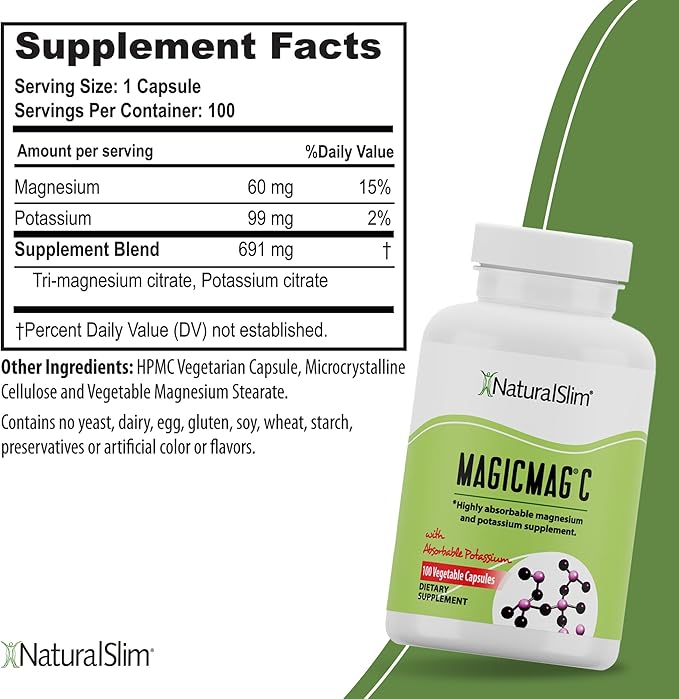 NaturalSlim Potassium Magnesium Supplement 100 Capsules – MagicMag C Magnesium Citrate Supplements for Sleep Support, Heart Health, and Muscle Cramp Relief | Gluten-Free 2 Pack