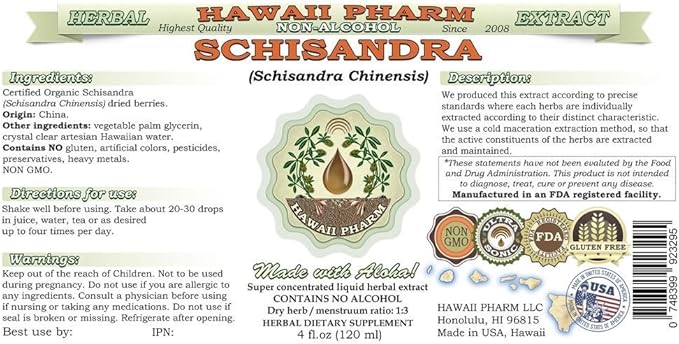 Schisandra Alcohol-Free Liquid Extract, Organic Schisandra (Schisandra Chinensis) Dried Berry Glycerite Natural Herbal Supplement, Hawaii Pharm, USA 15x4 fl.oz