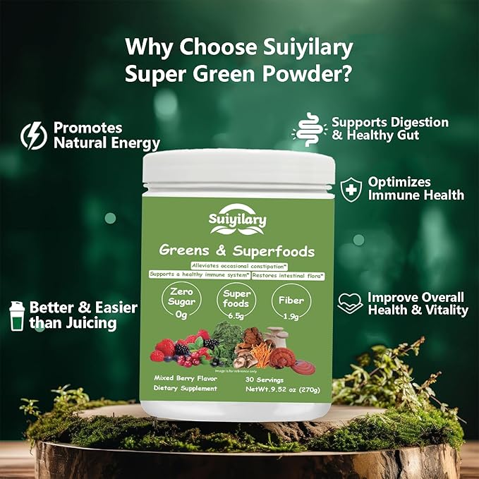 Super Greens Powder, 50+ Superfoods Blend, No Sugar, Fiber, Fruits, Vegetables, Spirulina, Chlorella, Mushrooms, Antioxidants, Prebiotics & Probiotics, Digestive Enzymes (9.52 OZ, Mixd Berry)