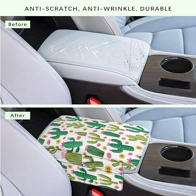 Dreaweet Cactus Print Center Console Armrest Cover with Side Pockets Thick Armrest Cover for Car Truck SUV Van,Soft Non-Slip Car Arm Rest Cover Pad