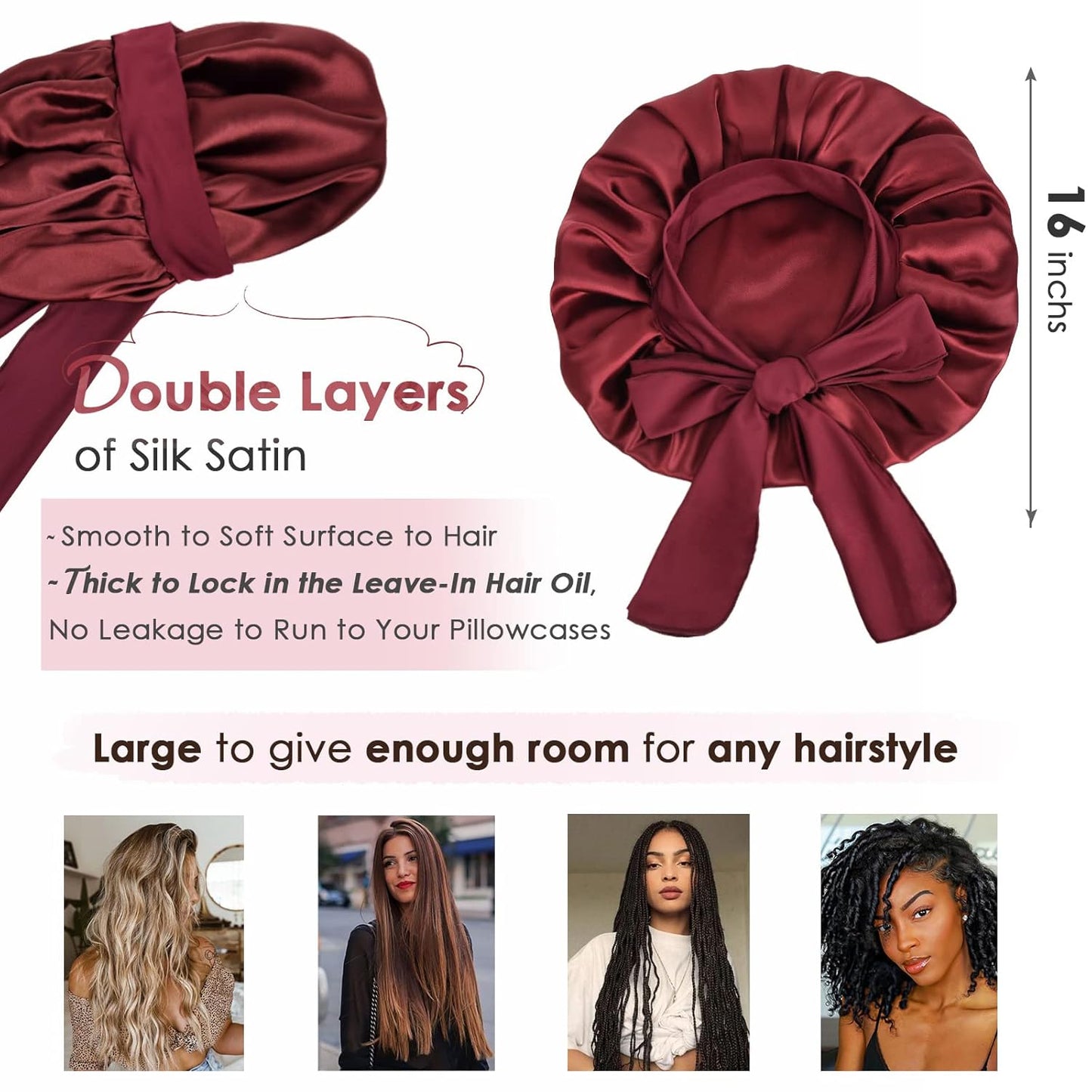 Silk Sleeping Bonnet for Women | Double Layer Satin Lined | Burgundy