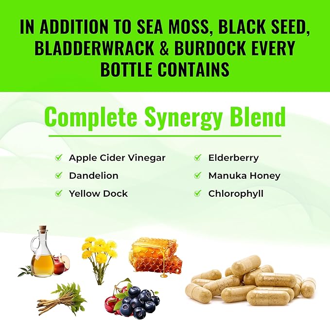 Sea Moss Supplement Blend with Black Seed Oil Ashwagandha Turmeric Bladderwrack, Burdock & Vitamin C & D3 with Elderberry Manuka Dandelion Yellow Dock Iodine