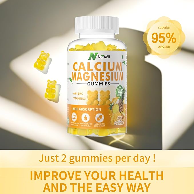 Calcium Magnesium Zinc Gummies with Vitamin D3, ashwagandha Supplement - High Potency Enhanced Absorption - Pineapple Flavor-90 Count