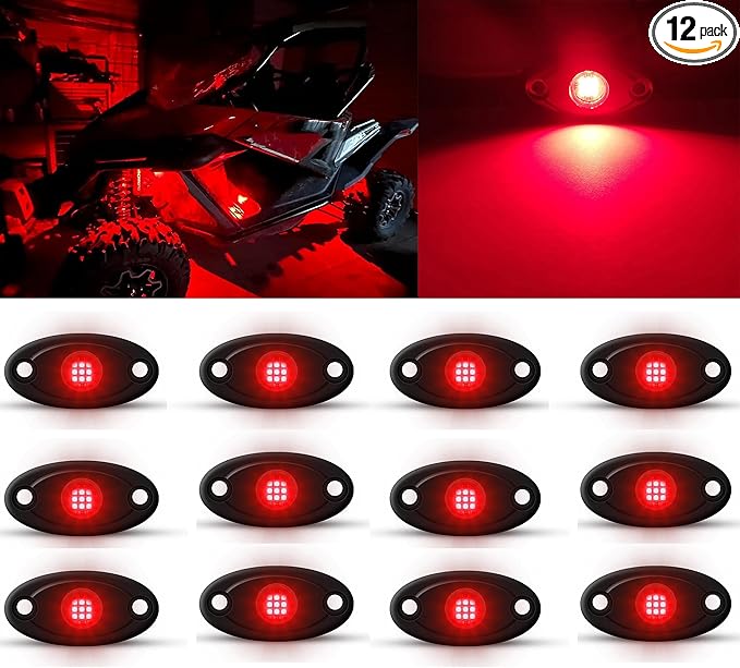 Red Rock Light 12pods 6000k Pure Red Led Rocks Lights Kit Ip68 Waterproof 47inch Extension Wires for ATV Rv Utv SUV Offroad Pickup Trucks Golf Boat Cars Trailers Fender Underglow Lighting (Red)