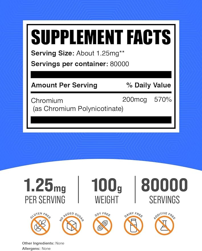 BulkSupplements.com Chromium GTF Powder - Mineral Supplements - Gluten & Yeast Free, 200mcg of Chromium, 1.7mg per Serving, 100g (3.5 oz) (Pack of 1)