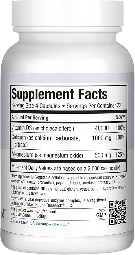 Maxi Health Calcium 1000 mg Supplement with Vitamin D3 (1000 IU) and Magnesium (500 mg) - Bone, Teeth and Joint Support for Men and Women - 180 Capsules - Maxi Cal