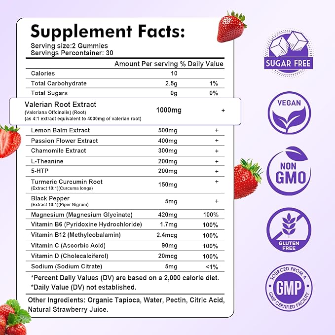 2 Pack Valerian Root Gummies Organic, Valerian Root Supplement for Zzz, Relaxation & Calm, Natural Herbal Supplement for Men & Women, Melatonin Free, Vegan, Non-GMO, Strawberry Flavor, 60 Count