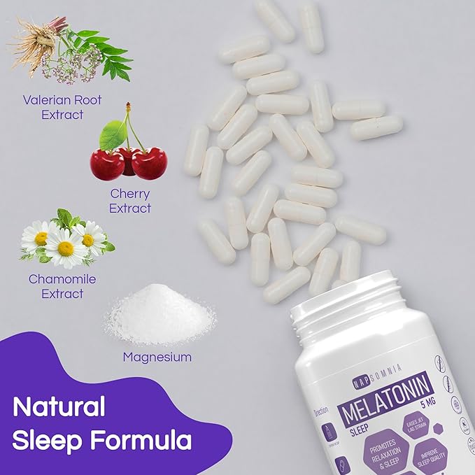 Melatonin for Sleeping for Men & Women - Sleep Melatonin w/Valerian Root Extract - Vegan Melatonin Capsules - Sleep Aid for Adults - Deep Sleep Supplements to Ease Jet Lag Strain (5 Mg)