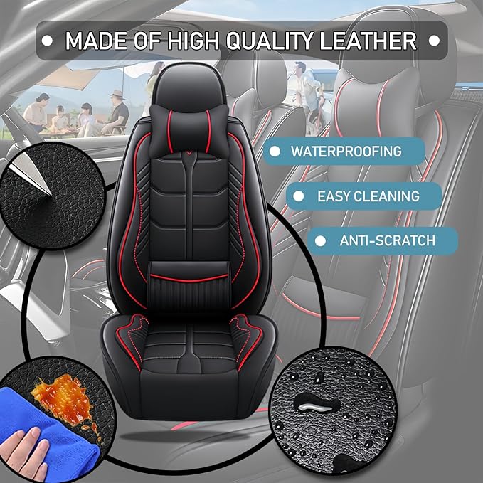 Leather Car Seat Covers Fit for Toyota RAV4 EV 2012-2013, 5 Seater Car Seat Cover, Premium Waterproof, Scratch Resistant Car Interior Accessories (Full Set with Pillow Black Red)