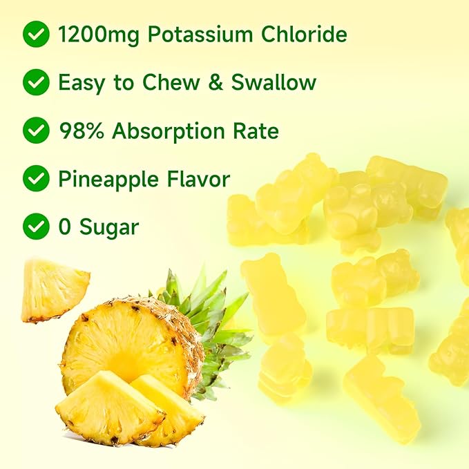 softbear Potassium Chloride Gummies 1200mg, Sugar-Free Potassium Gummies for Adults Support Leg Cramps High Potency Potassium Chloride Supplement, Pineapple Flavor 120 Count