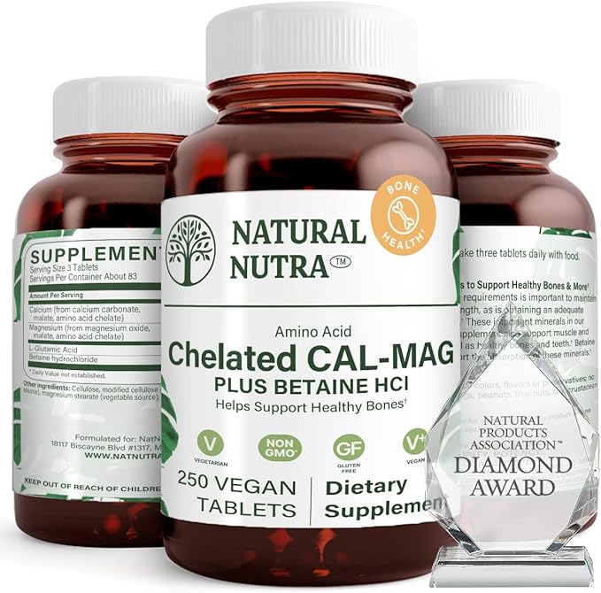 Natural Nutra Chelated Cal Mag 1000/500 mg Supplement, 250 Vegan Tablet