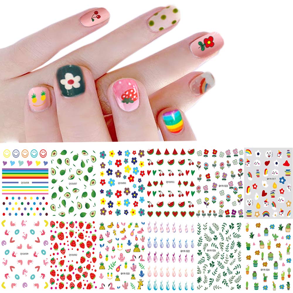 Nail Stickers For Women And Little Girls - 12 Sheets 3D Self-Adhesive Diy Nail Art Decoration Set Including Flowers Leaves Anima