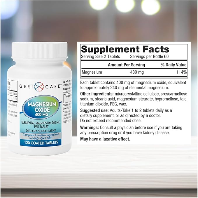GeriCare Magnesium Oxide Supplement 240 mg - Elemental Magnesium, 120 Coated Tablets – Essential Mineral Support - Promotes Vascular Health, Bone Strength, and Muscle Function (Pack of 6)