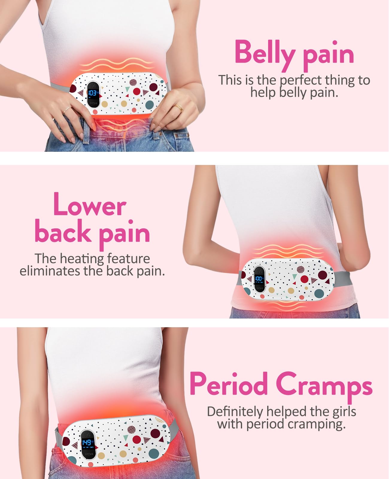 Portable Heating Pad for Period Cramps: Cordless Menstrual Heating Pad with 6 Heat Levels and 6 Massage Modes, 3s Fast Heating Gift for Women and Girl(Pink)