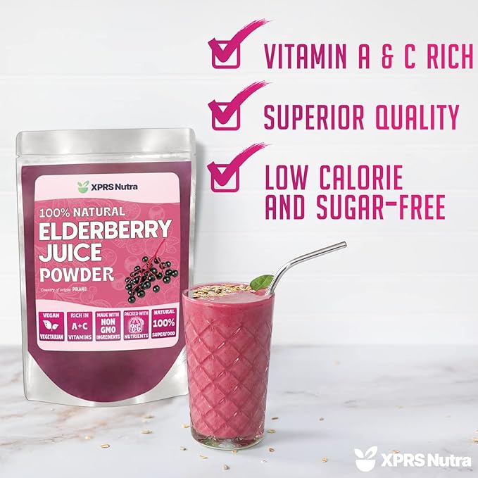 XPRS Nutra Elderberry Juice Powder - Elderberry Powder Organic Fruit Juice Mix - Powdered Elderberries Supplement Rich in Vitamins A and C (8 oz)