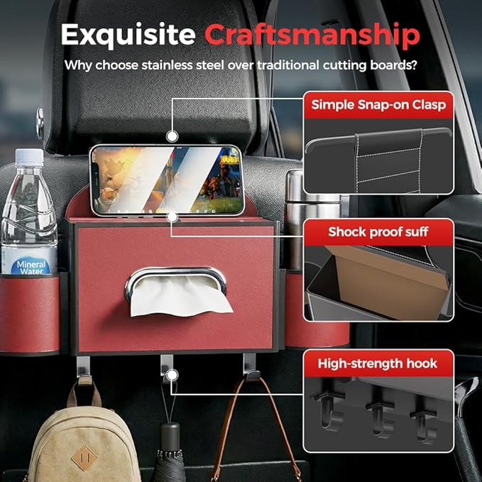 3-in-1 Car Backseat Organizer with Cup Holder, Tissue Box, Trash Bin & Hooks,Multifunctional Back Seat Car Organizer for Hold Phones,Snacks,Drinks,and Handbags (A-Coffee)