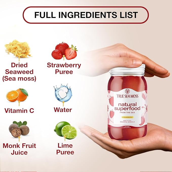TrueSeaMoss Sea Moss Gel – Made in USA – Wildcrafted Seamoss, Fresh Fruits & Sea Vegetables – Strawberry, Pack of 5 (Labels may Vary)
