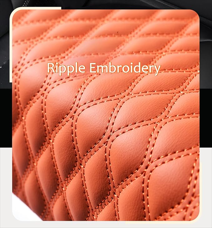 Car Center Console Armrest Pad, Arm Rest Box Cushion with Ergonomic Height Boost, Storage Pockets, Built-in Tissue Box, Cupholder, Fit for Most Sedan Vehicles (Embroidery Water Ripple, Orange)