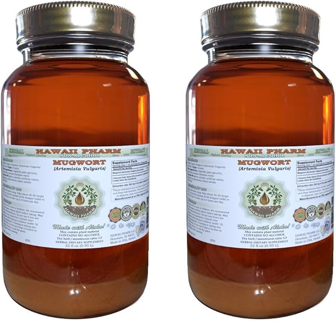 Mugwort Alcohol-Free Liquid Extract, Organic Mugwort (Artemisia vulgaris) Dried Flower Glycerite Natural Herbal Supplement, Hawaii Pharm, USA 2x32 oz Unfiltered