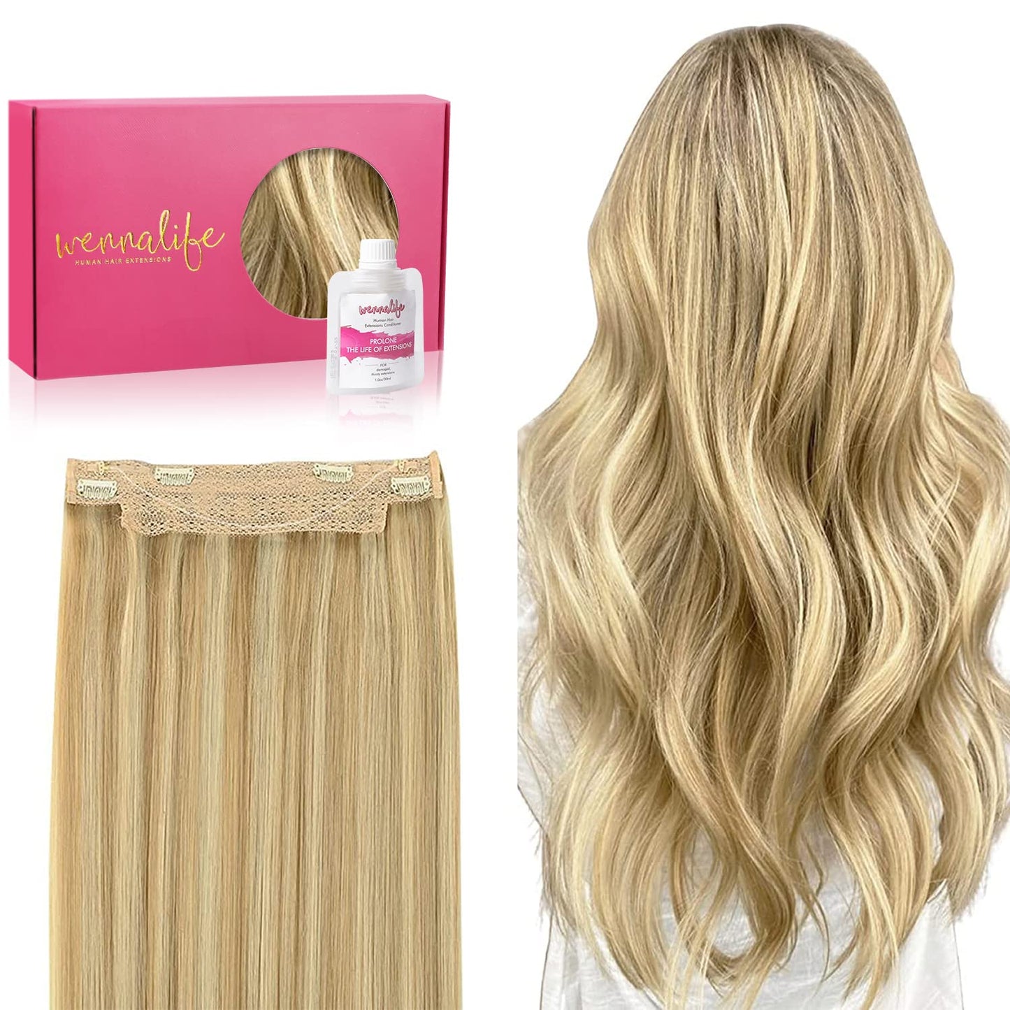 Wennalife Wire Hair Extensions (Increase 50% Lifespan) Real Human Hair 20 Inch 110G Light Blonde Highlighted Golden Blonde Remy