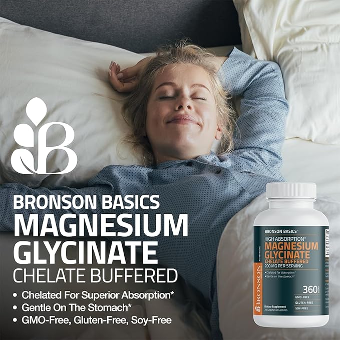 Bronson Magnesium Glycinate 200mg High Absorption Chelated Buffered Gentle On The Stomach Non-GMO, 60 Vegetarian Capsules