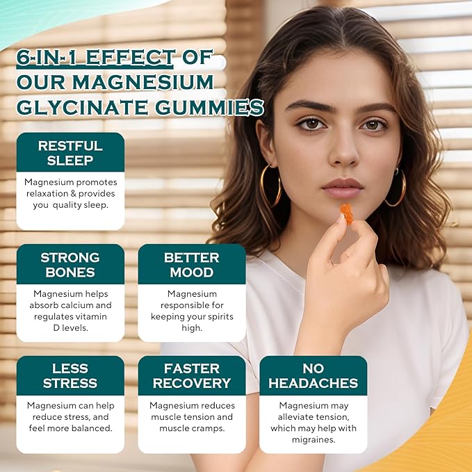 Magnesium Glycinate Gummies 1000mg - Sugar Free Magnesium Potassium Supplement with Vitamin D, B6, CoQ10 for Calm Mood & Sleep Support - 60 Orange Gummies
