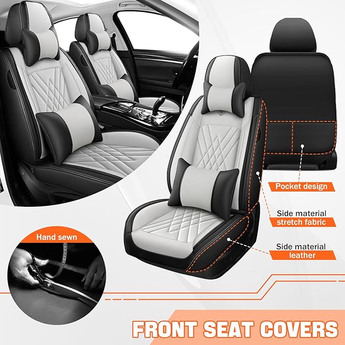 Car Seat Covers Compatible with Toyota Camry 2012-2026 Durable Waterproof Automotive Seat Covers Stretchable, Airbag Compatibility, Premium Nappa Leather(Black White, 2 Pcs Front with Pillow)