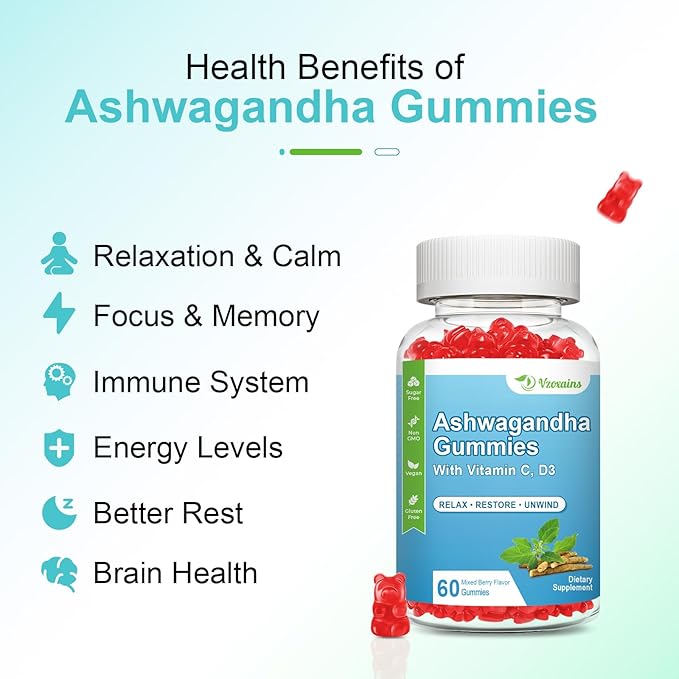 2 Pack Ashwagandha Gummies & Vitamin D Gummies for Women & Men - with Vitamin C for Support Calm Mood, Relaxation & Immune, 120 Mixed Berry Gummies