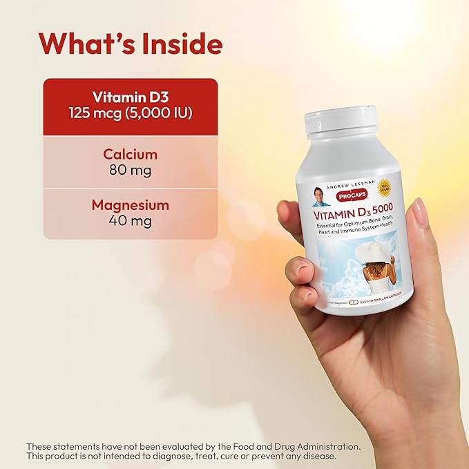ANDREW LESSMAN Vitamin D3 5000 IU 180 Capsules - High Potency, Essential for Calcium Absorption, Supports Bone Health, Healthy Muscle Function, Immune System, More. Small Easy to Swallow Capsules
