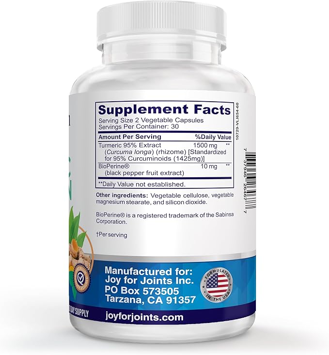 Turmeric Curcumin Supplement 1500mg, Ultra Potent, High Absorption Curcumin with Black Pepper, 95% Curcuminoids, Non-GMO, Made in USA, 60 Veg Capsules