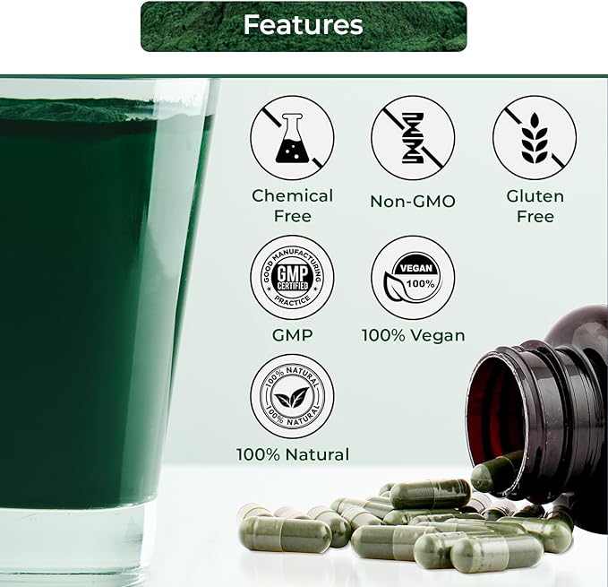 USDA Organic Spirulina Capsules - 100% Pure Vegan Supplement, Non-GMO, Gluten-Free, Chemical-Free, (240)