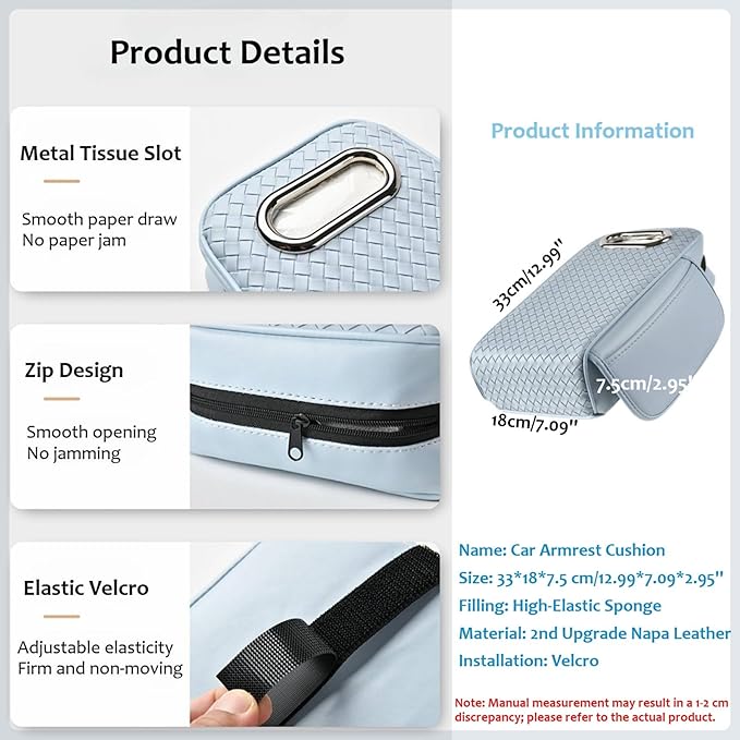 Car Armrest Cushion Cover Car Center Console Memory Foam Booster Pad with Storage Pocket and Tissue Hole for Sedan Vehicle (Blue, 12.99 * 7.09 * 2.95'' / 33 * 18 * 7.5 cm)