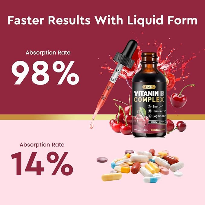 Vitamin B Complex Liquid Drops, B Vitamins Complex Supplement with B1, B2, B3, B5 B6, B7, B9 & Methyl B12 Drops for Adults & Kids, Vegan, Cherry Flavor